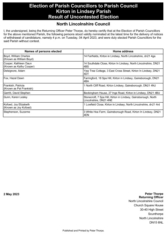 Kirton in Lindsey Town Council Uncontested Election Result 2023